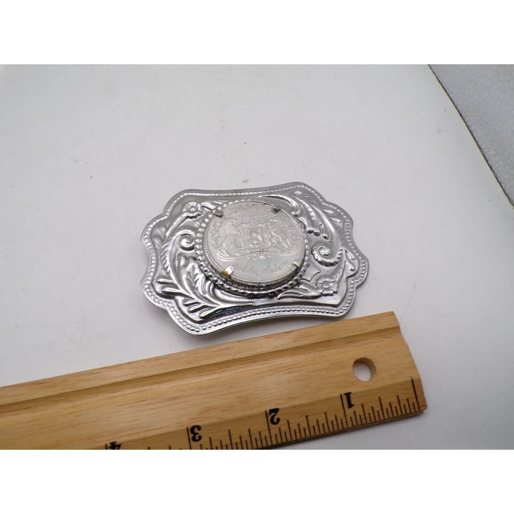 Vintage Silver Western Belt Buckle Alabama State Seal Coin Scalloped Engraved